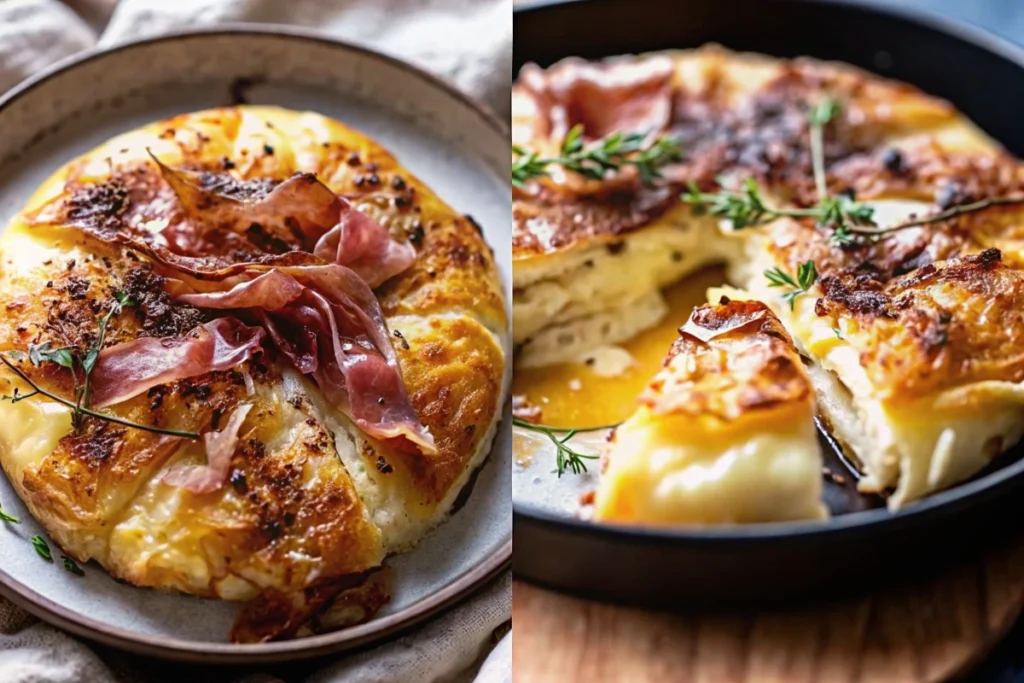 Baked Brie in Puff Pastry with Honey, Fig, and Prosciutto on a serving plate.baked-brie-puff-pastry-honey-fig-prosciutto