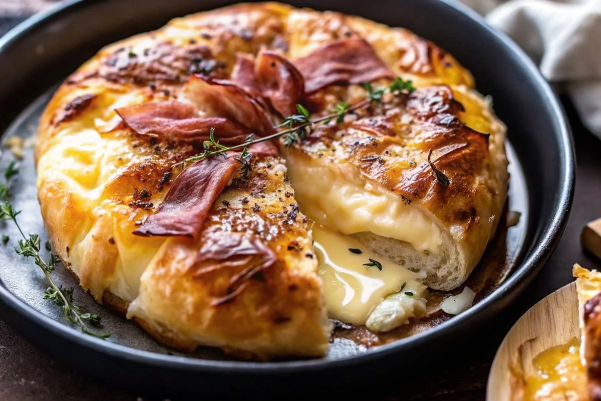 Baked Brie in Puff Pastry with Honey, Fig, and Prosciutto on a serving plate