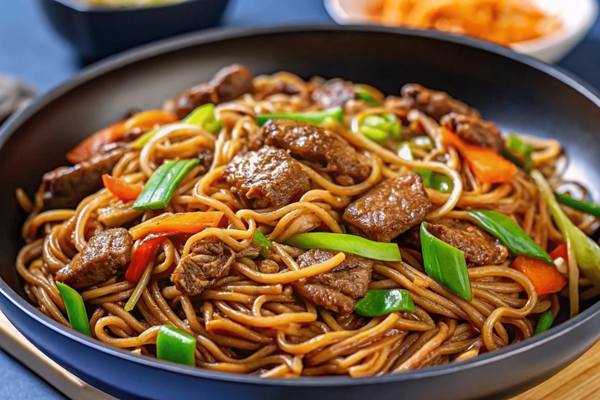 Plate of authentic Beef Lo Mein garnished with scallions