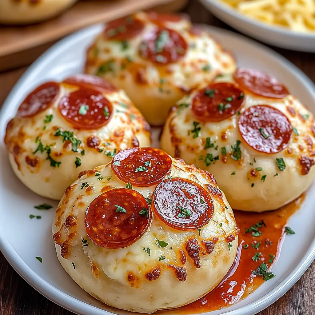 Freshly baked Cheesy Pepperoni Pizza Bombs with melted cheese and pepperoni, served with marinara dip.