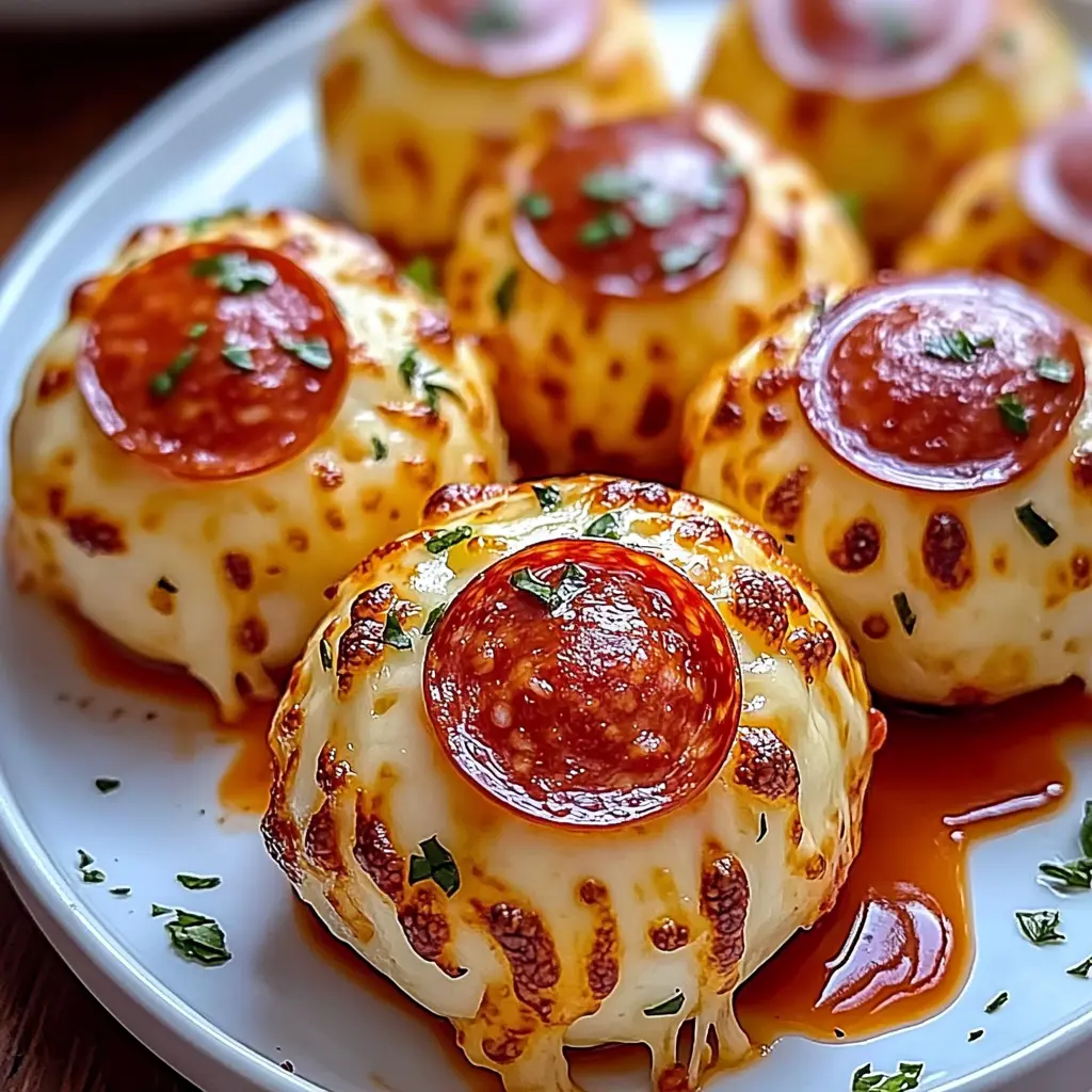 Freshly baked Cheesy Pepperoni Pizza Bombs with melted cheese and pepperoni, served with marinara dip.