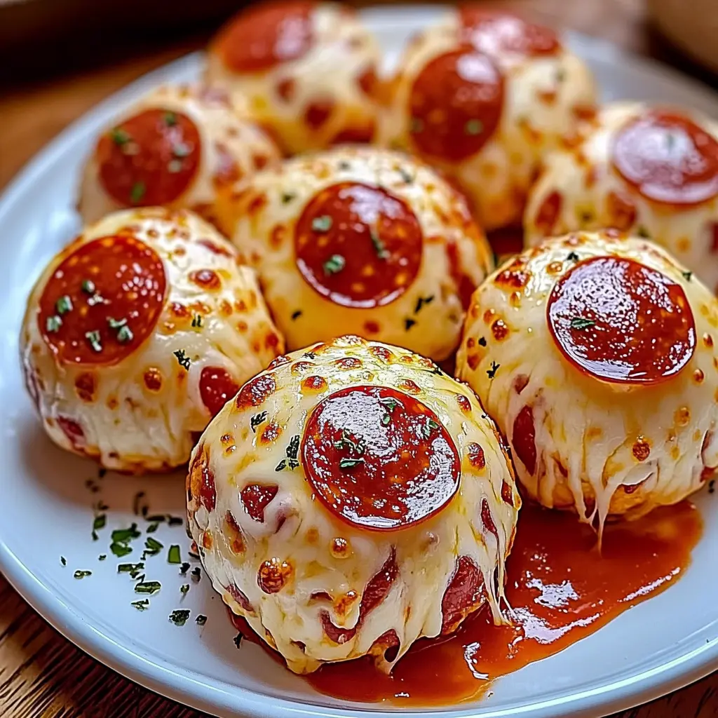 Freshly baked Cheesy Pepperoni Pizza Bombs with melted cheese and pepperoni, served with marinara dip.