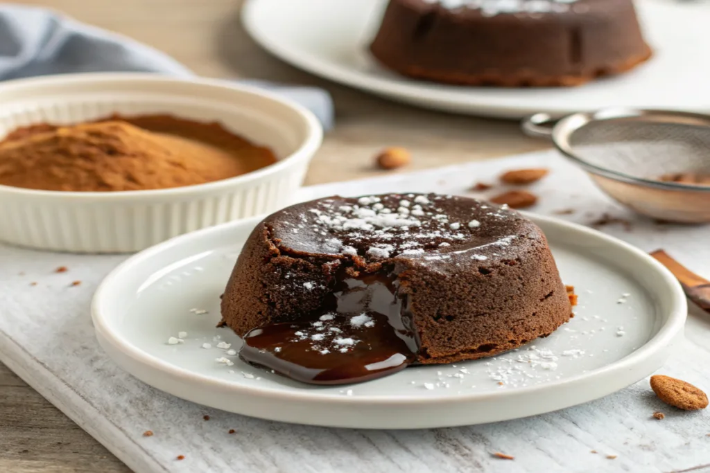 A freshly baked chocolate lava cake with a rich, molten center oozing onto the plate.