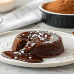 A freshly baked chocolate lava cake with a rich, molten center oozing onto the plate.