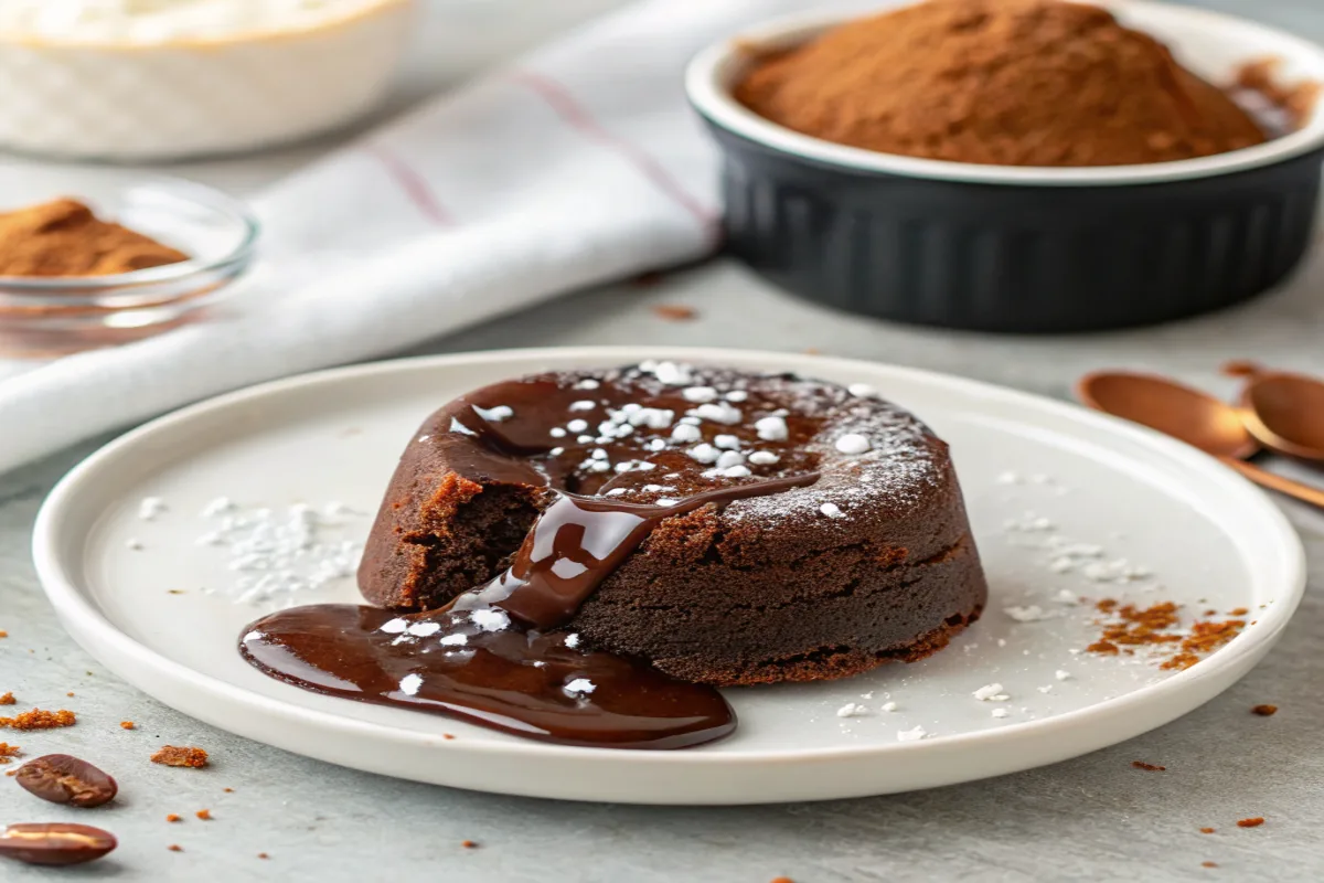 A freshly baked chocolate lava cake with a rich, molten center oozing onto the plate.