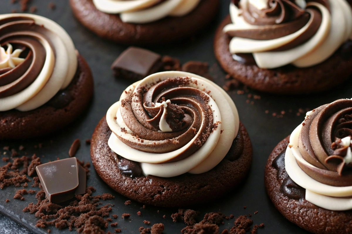 Chocolate Marshmallow Swirl Cookies on a decorative plate