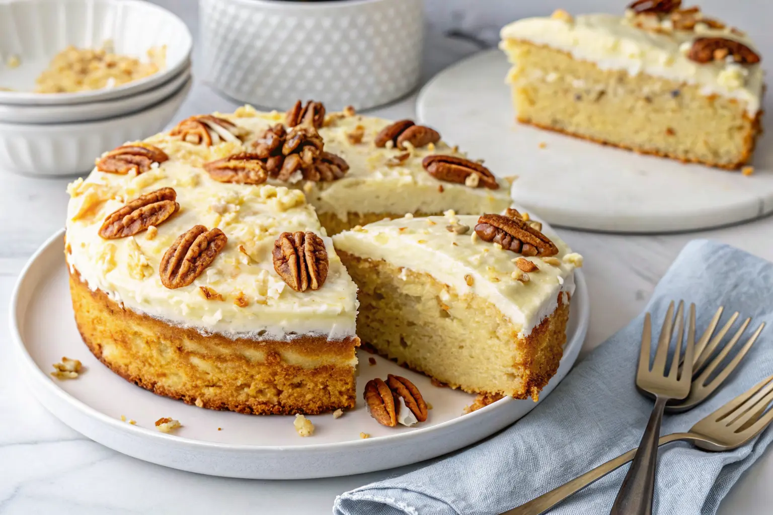 Delicious coconut cake topped with walnutsCoconut Cake with Walnuts