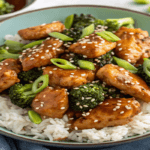 Sesame Chicken Recipe served with rice and garnished with sesame seeds.