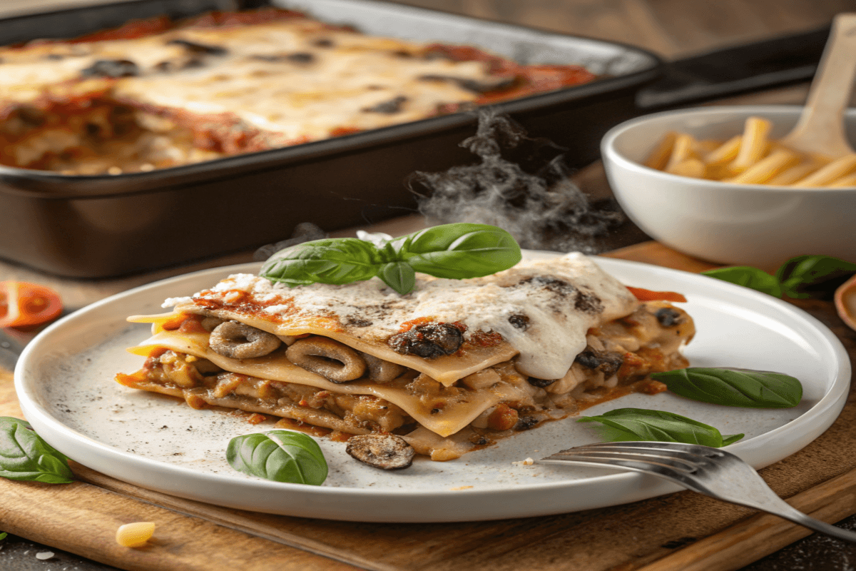 A slice of creamy mushroom lasagna with golden cheese on top, garnished with fresh parsley.