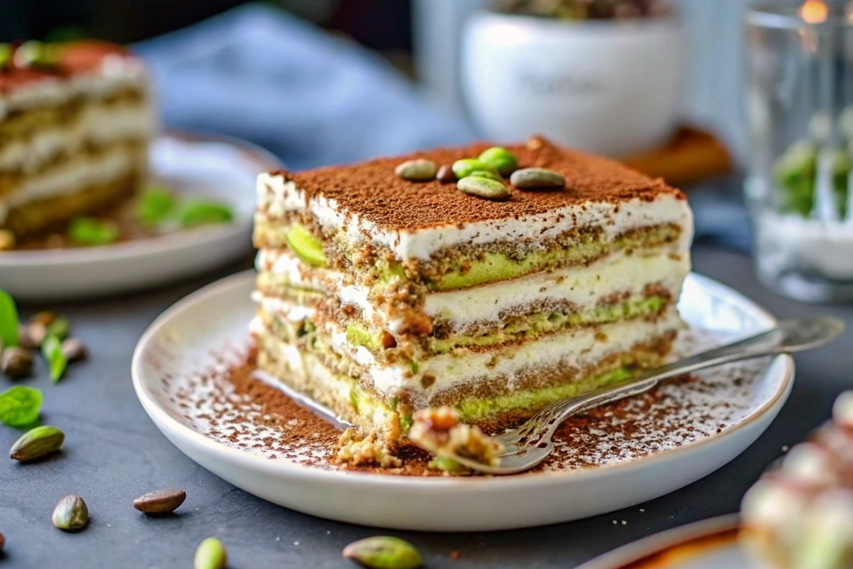 A delicious slice of Pistachio Tiramisu garnished with crushed pistachios.