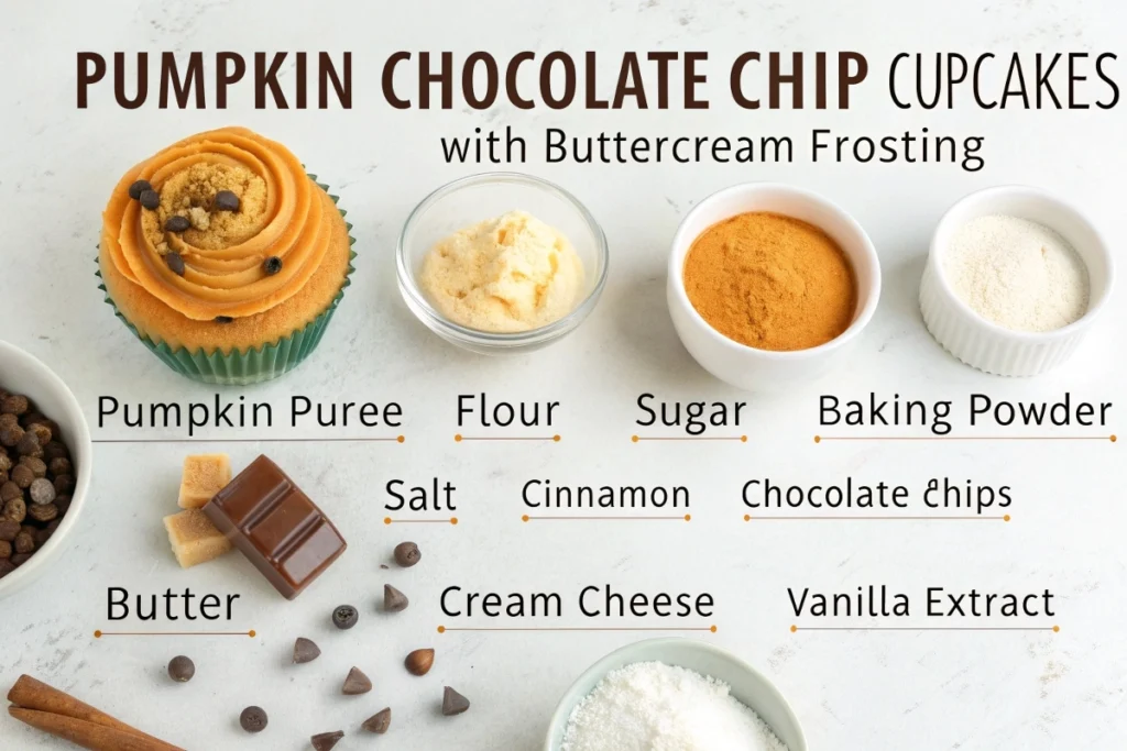 Pumpkin chocolate chip cupcakes topped with smooth buttercream frosting, decorated with chocolate chips and cinnamon sprinkles.