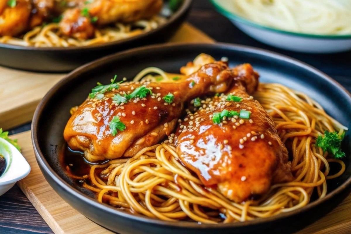 Mouthwatering roasted chicken with noodles in savory sauce