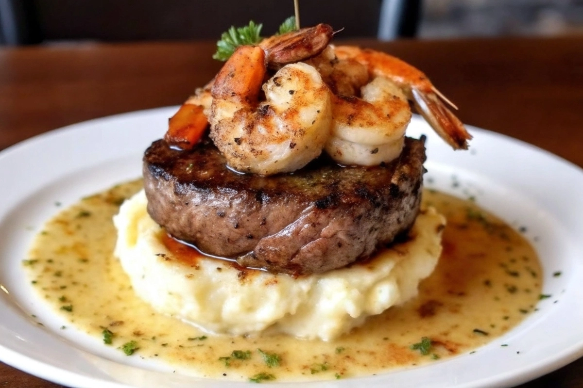 Juicy garlic butter steak with shrimp served over creamy mashed potatoes on a plate