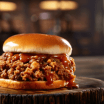 Juicy Sloppy Sauce Beef Sandwich overflowing with rich, tangy sauce on a toasted brioche bun.