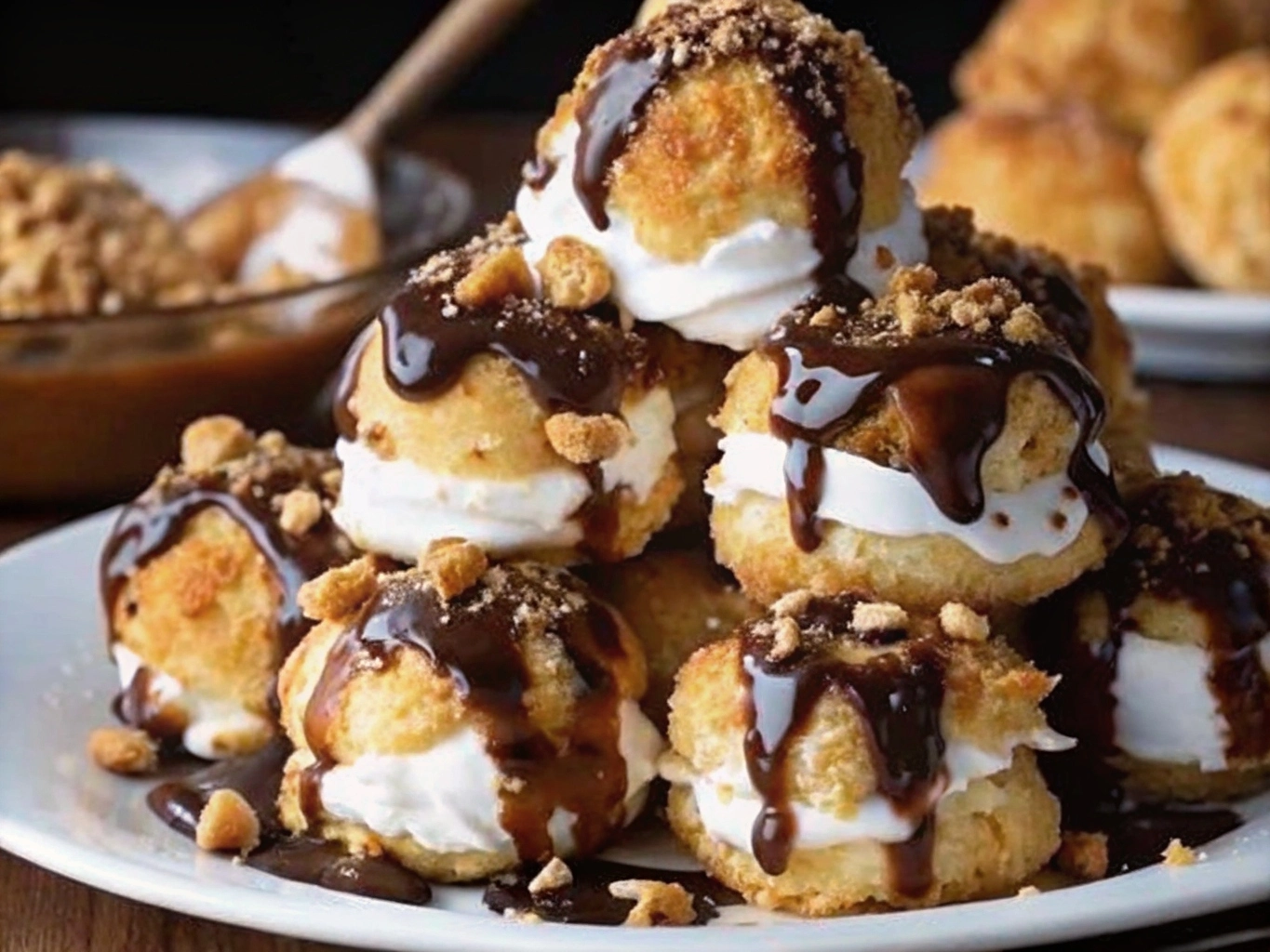 Delicious crispy s'mores fritters with gooey center on a rustic wooden board