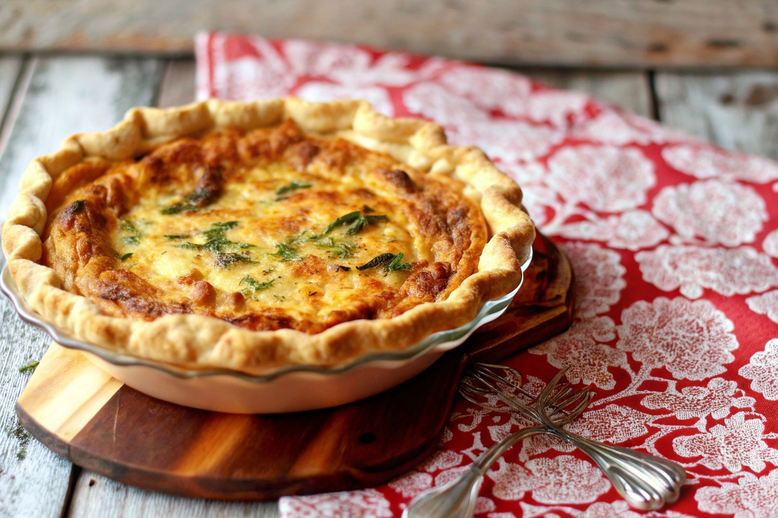 Spinach mushroom quiche with heavy cream served on a plate
