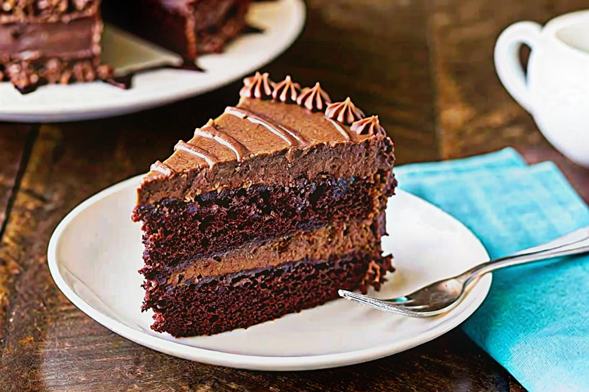 A slice of moist, decadent chocolate cake