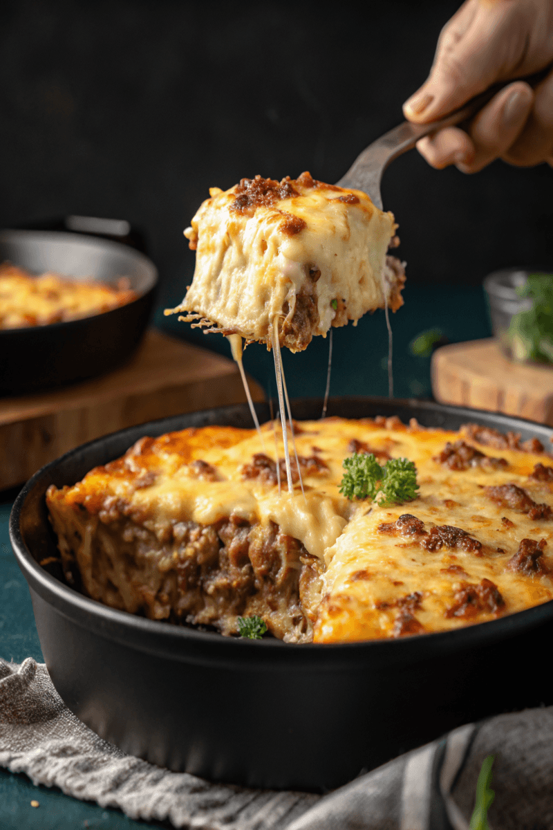 A perfectly baked light & fluffy lasagna with golden, bubbly cheese on top.