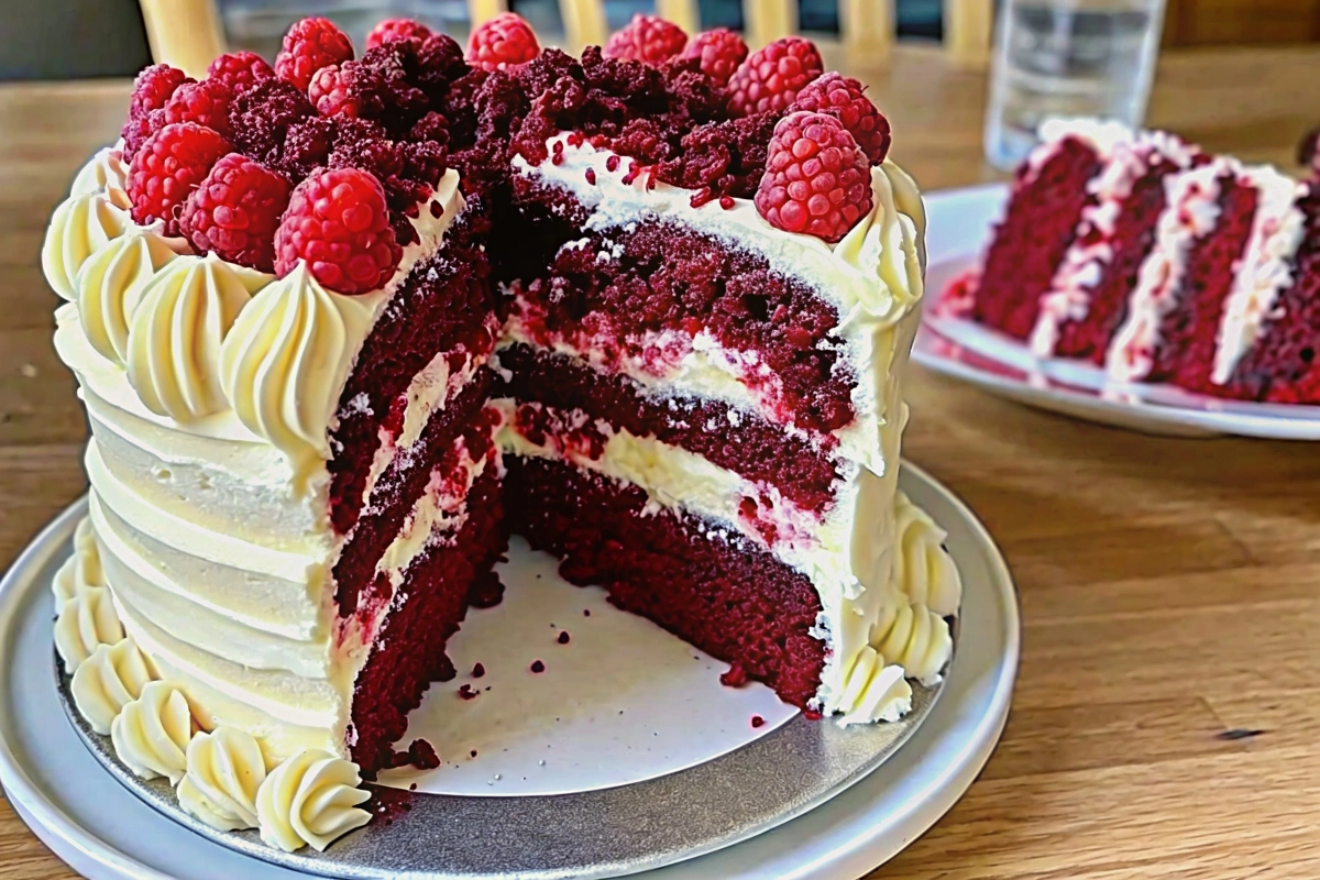Slice of white chocolate raspberry dream cake with fresh raspberries and creamy ganache