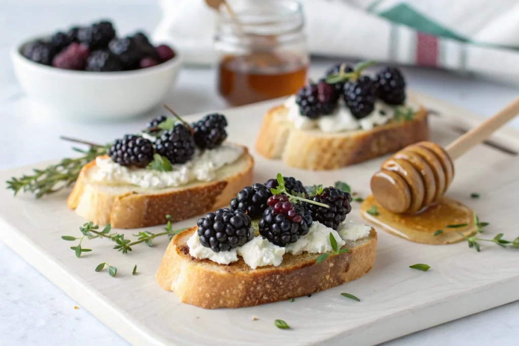 Blackberry Goat Cheese Crostini on a rustic platter