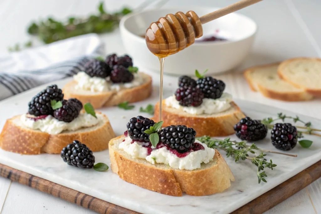 Blackberry Goat Cheese Crostini on a rustic platter