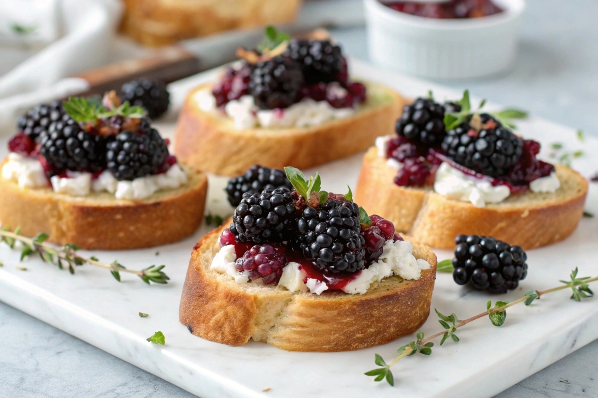 Blackberry Goat Cheese Crostini on a rustic platter