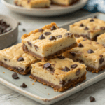 Delicious Chocolate Chip Cheesecake Bars with a creamy filling and crunchy cookie crust