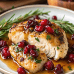 Stuffed chicken breast filled with melted Brie cheese and cranberries, garnished with fresh herbs on a plate.