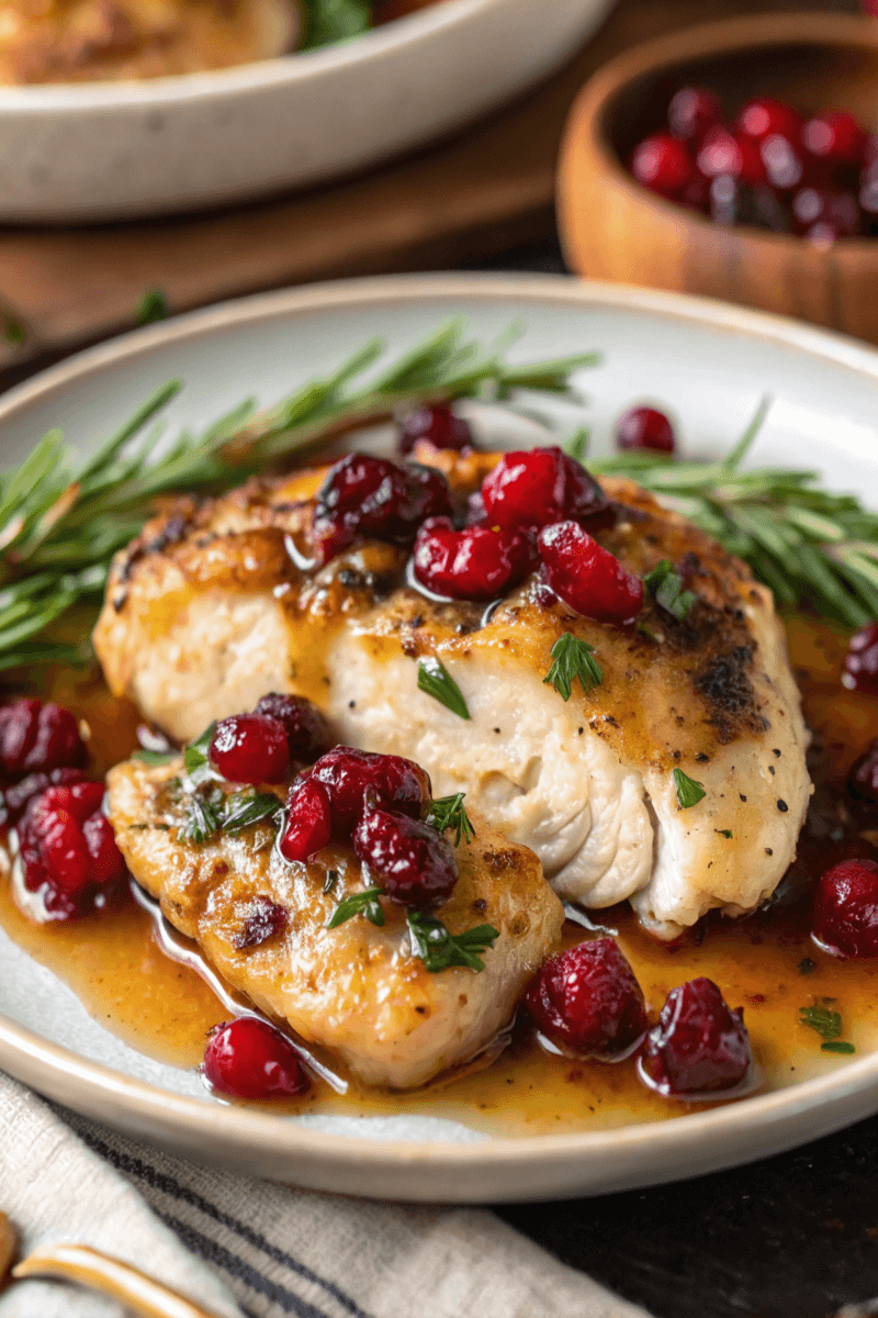 Stuffed chicken breast filled with melted Brie cheese and cranberries, garnished with fresh herbs on a plate.