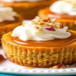 Mini pumpkin cheesecake topped with rich salted caramel sauce and a sprinkle of sea salt.