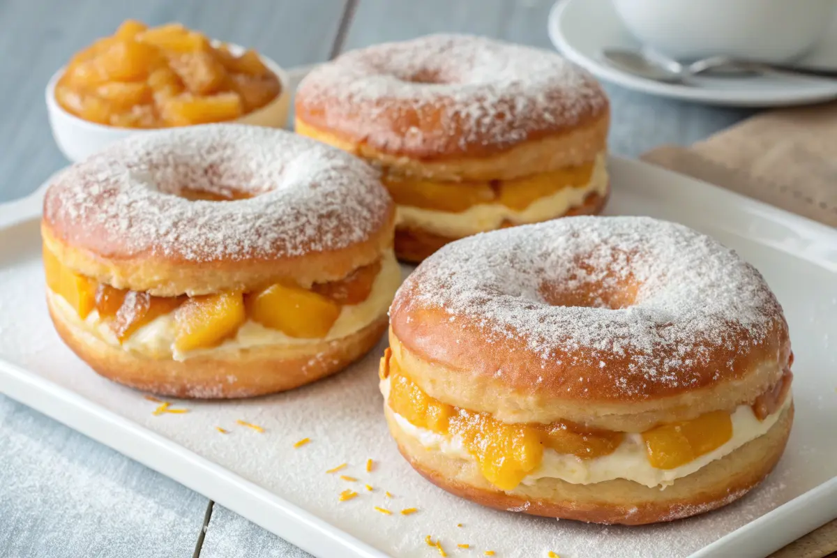 Delicious peach cobbler cheesecake stuffed doughnuts with a creamy filling
