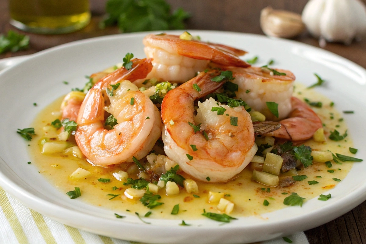 Succulent shrimp sautéed in garlic and honey glaze, served in a pan with a golden caramelized finish.
