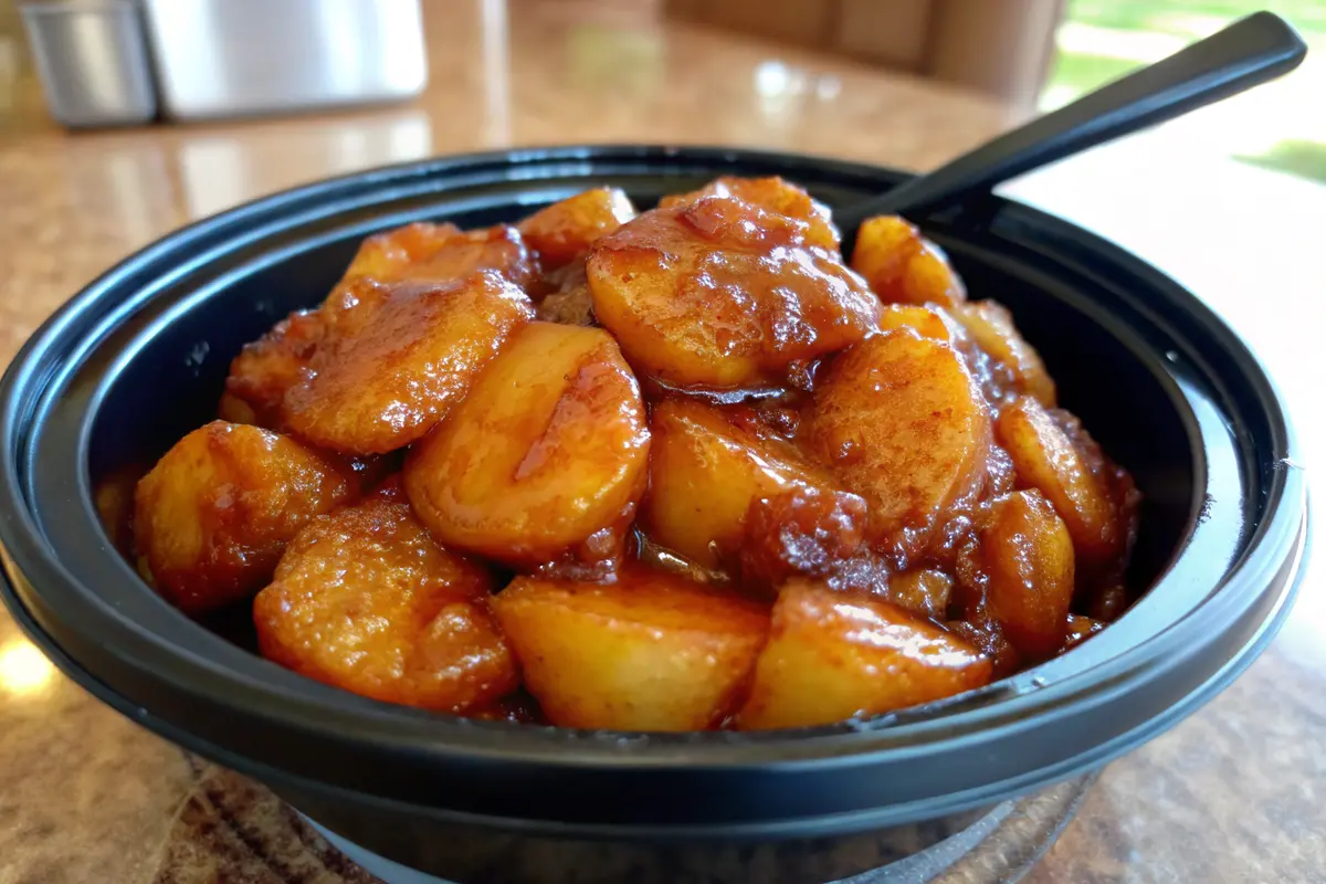 Slow cooker filled with cinnamon‑spiced fried apple slices