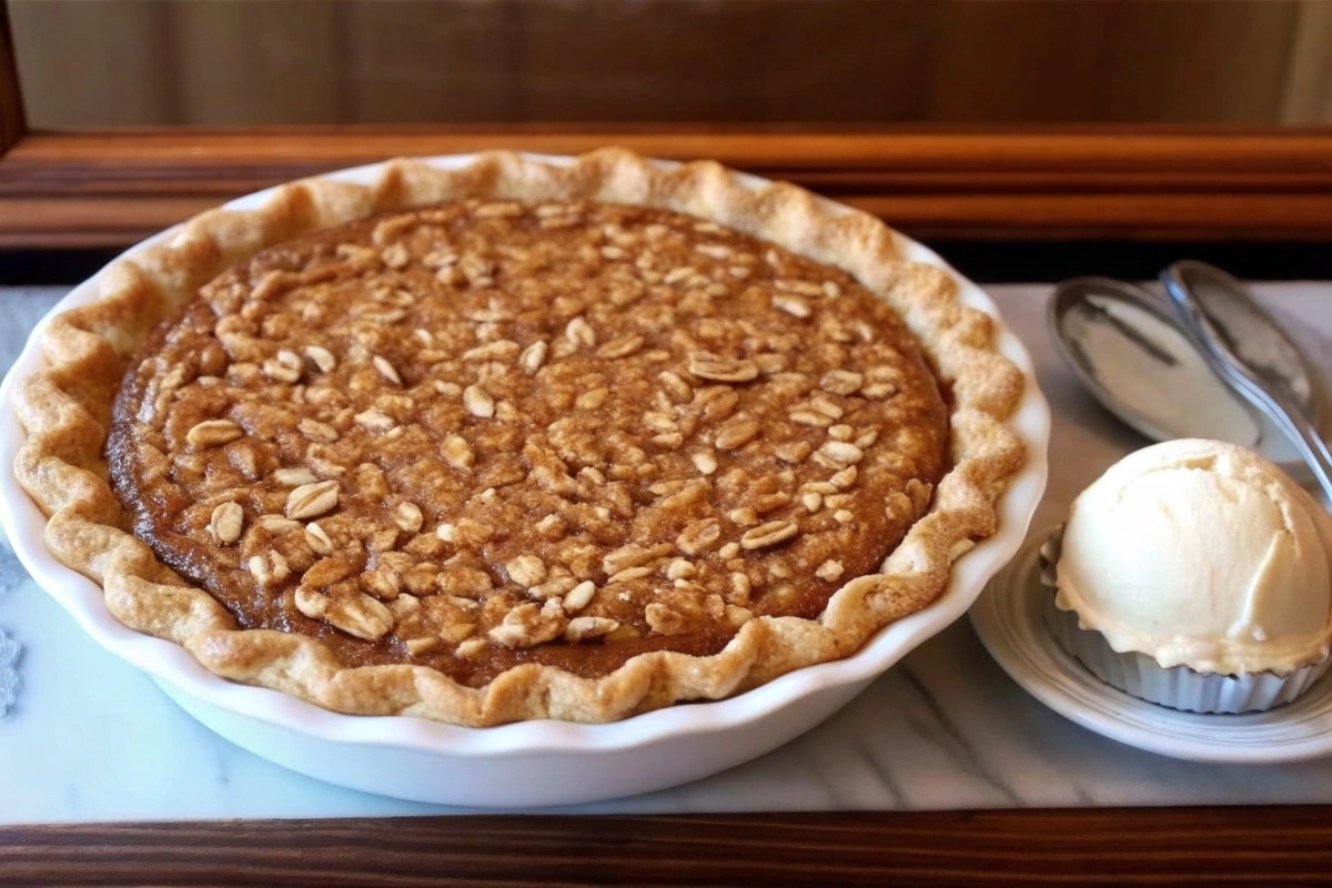 Slice of Amish Oatmeal Pie on a wooden table