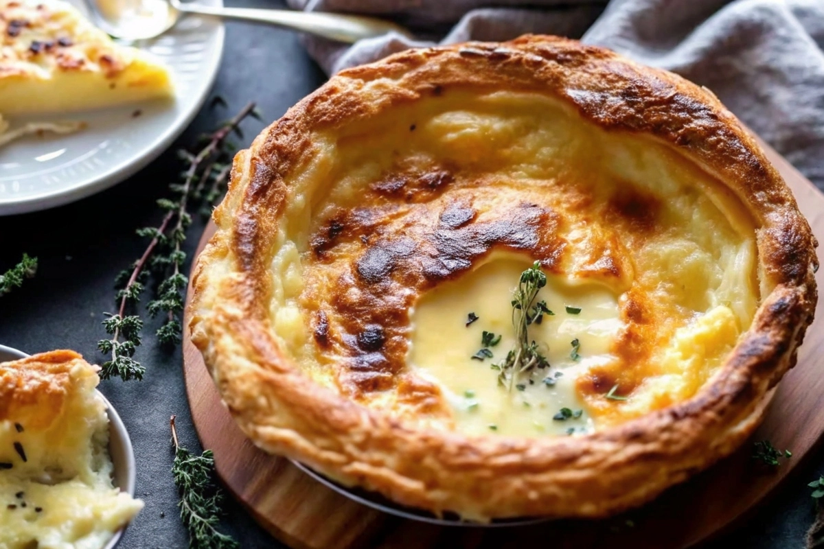 Baked puff pastry with melted cheese and rosemary on a serving plate