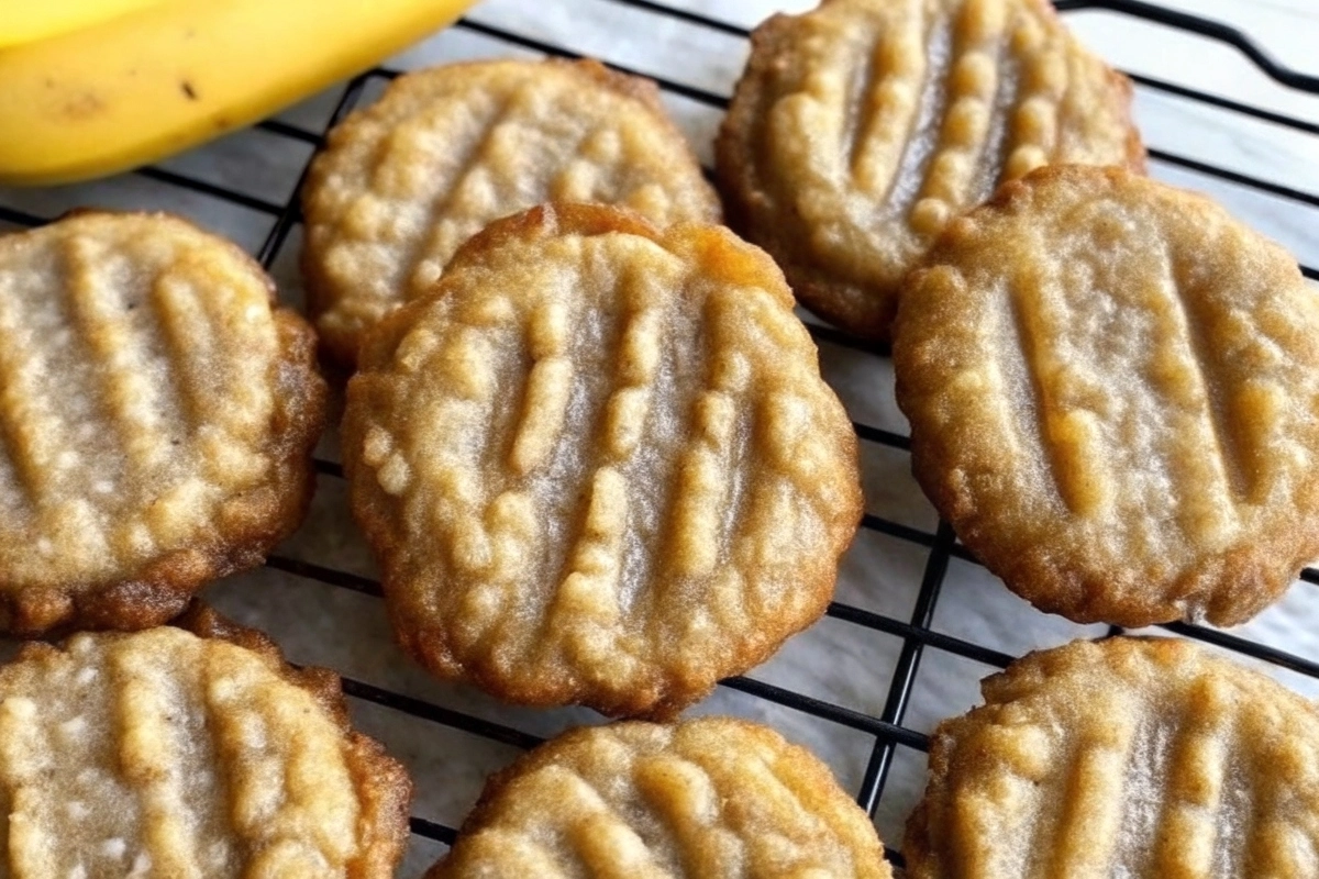 Two golden-brown banana bread cookies cooling on a rack