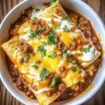 Beef and Cheese Mexican Enchiladas in a baking dish with melted cheese and red enchilada sauce.