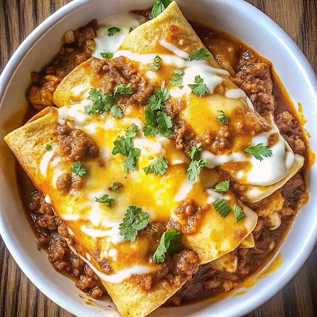 Beef and Cheese Mexican Enchiladas in a baking dish with melted cheese and red enchilada sauce.