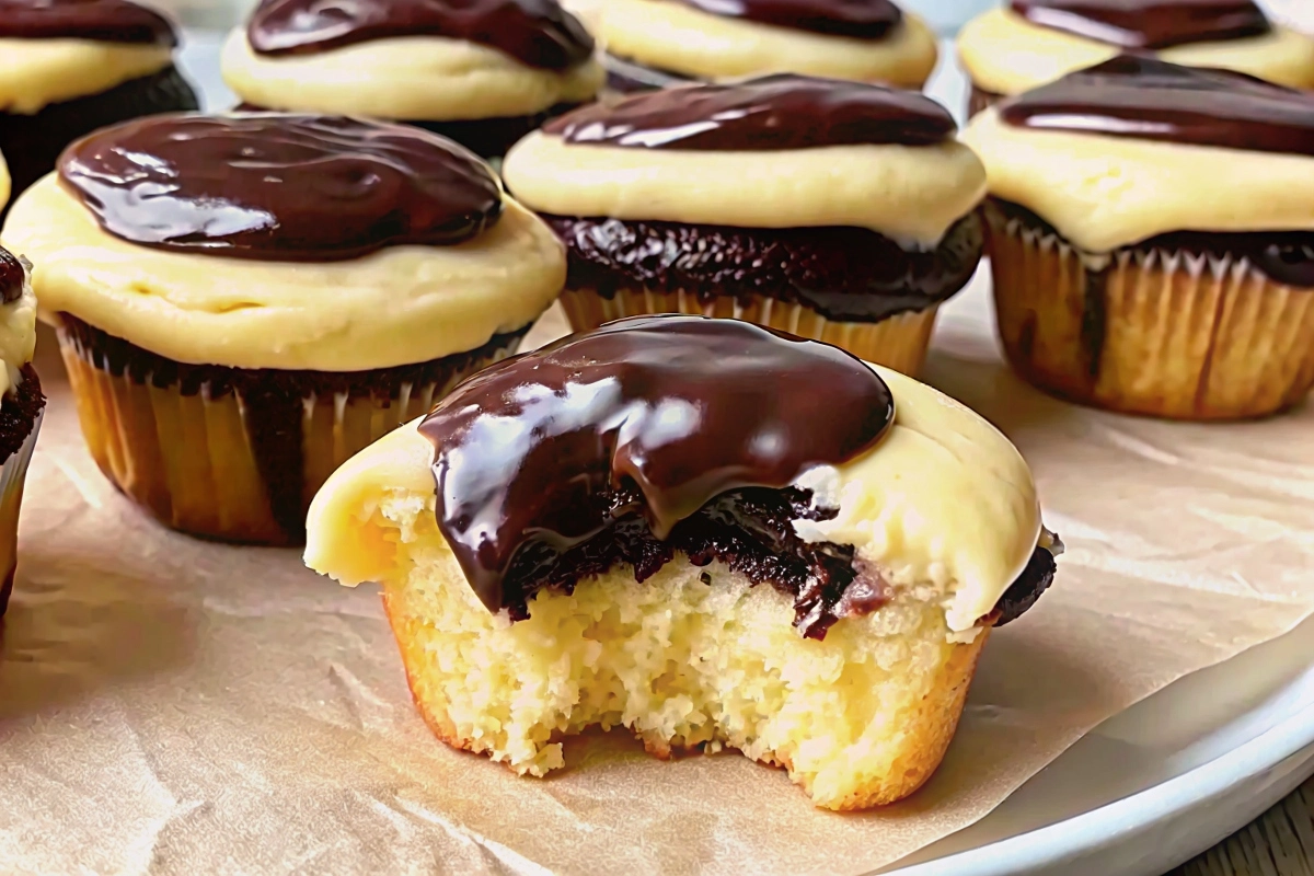 Boston Cream Cupcakes with custard filling and chocolate ganache