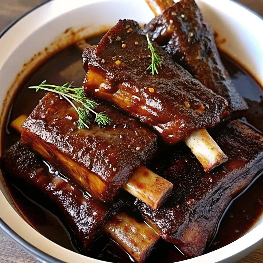 Plate of braised beef short ribs with rich sauce and creamy mashed potatoes