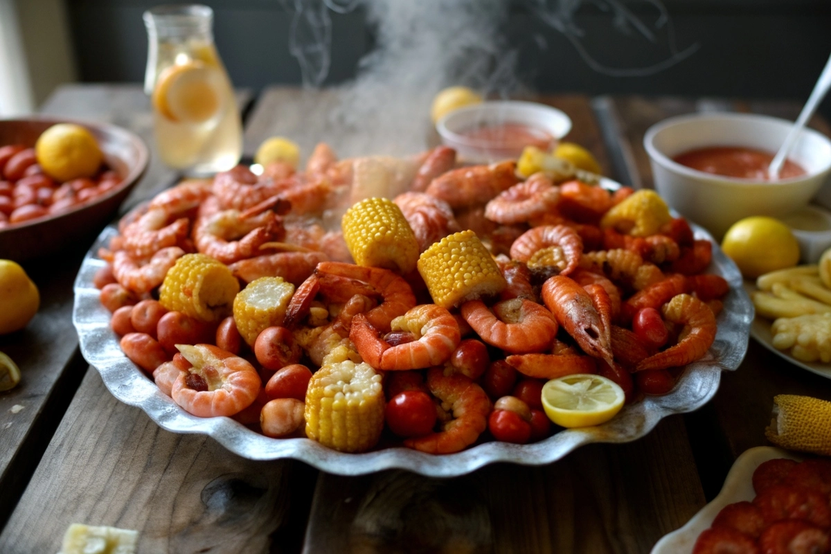 A large pot of steaming Cajun shrimp boil with sausage, potatoes, and corn