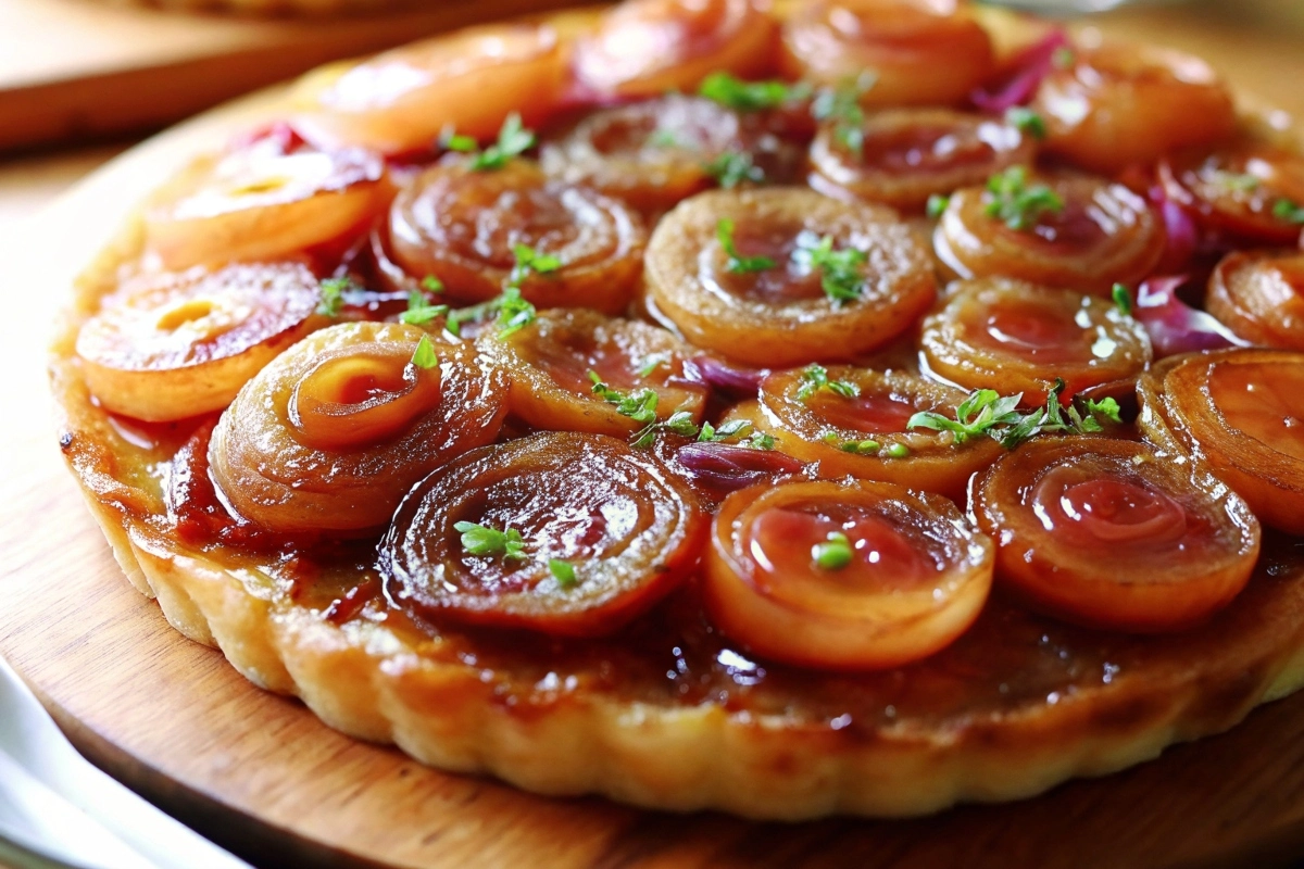 Golden caramelised onion Tarte Tatin on plate