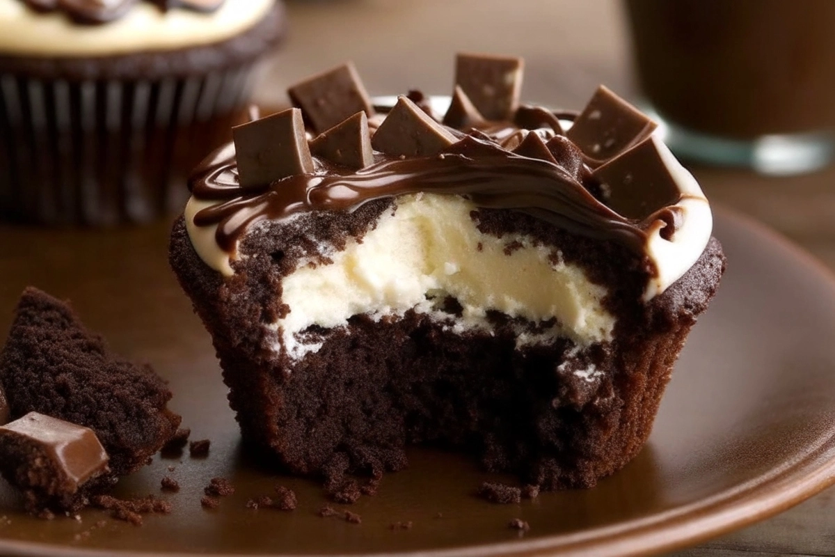 Decadent cheesecake stuffed chocolate cupcakes on a stylish plate
