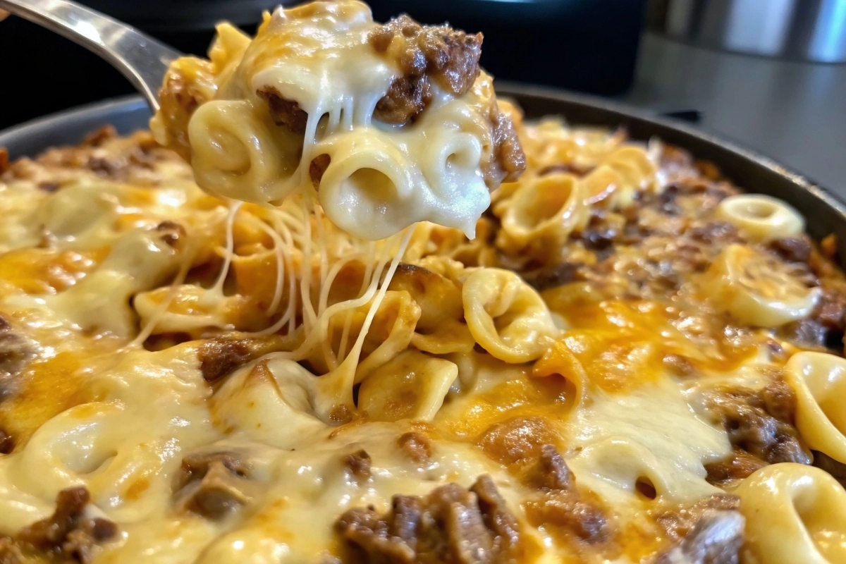 Plate of cheesesteak tortellini in creamy provolone sauce cheesesteak-tortellini-rich-provolone-sauce