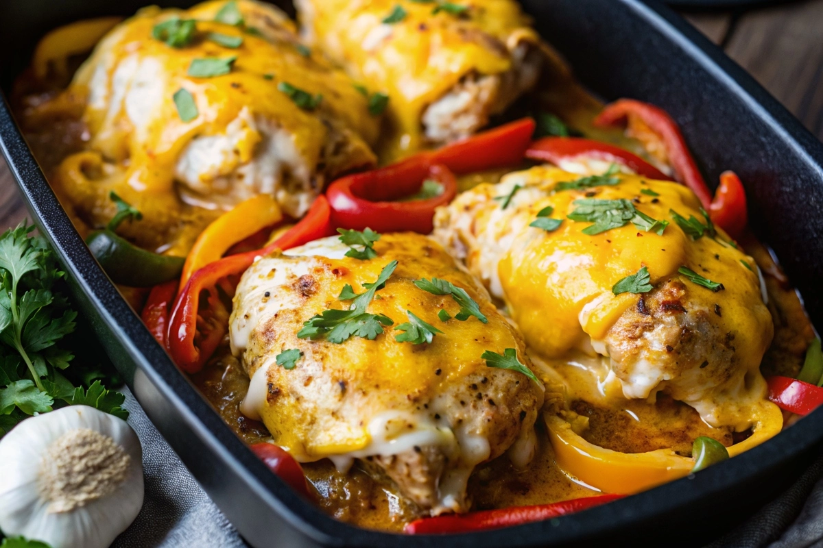Cheesy Baked Fajita Chicken in a baking dish with melted cheese and colorful bell peppers