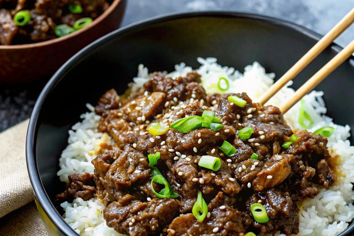 Plate of Classic Mongolian Beef with garnished scallions