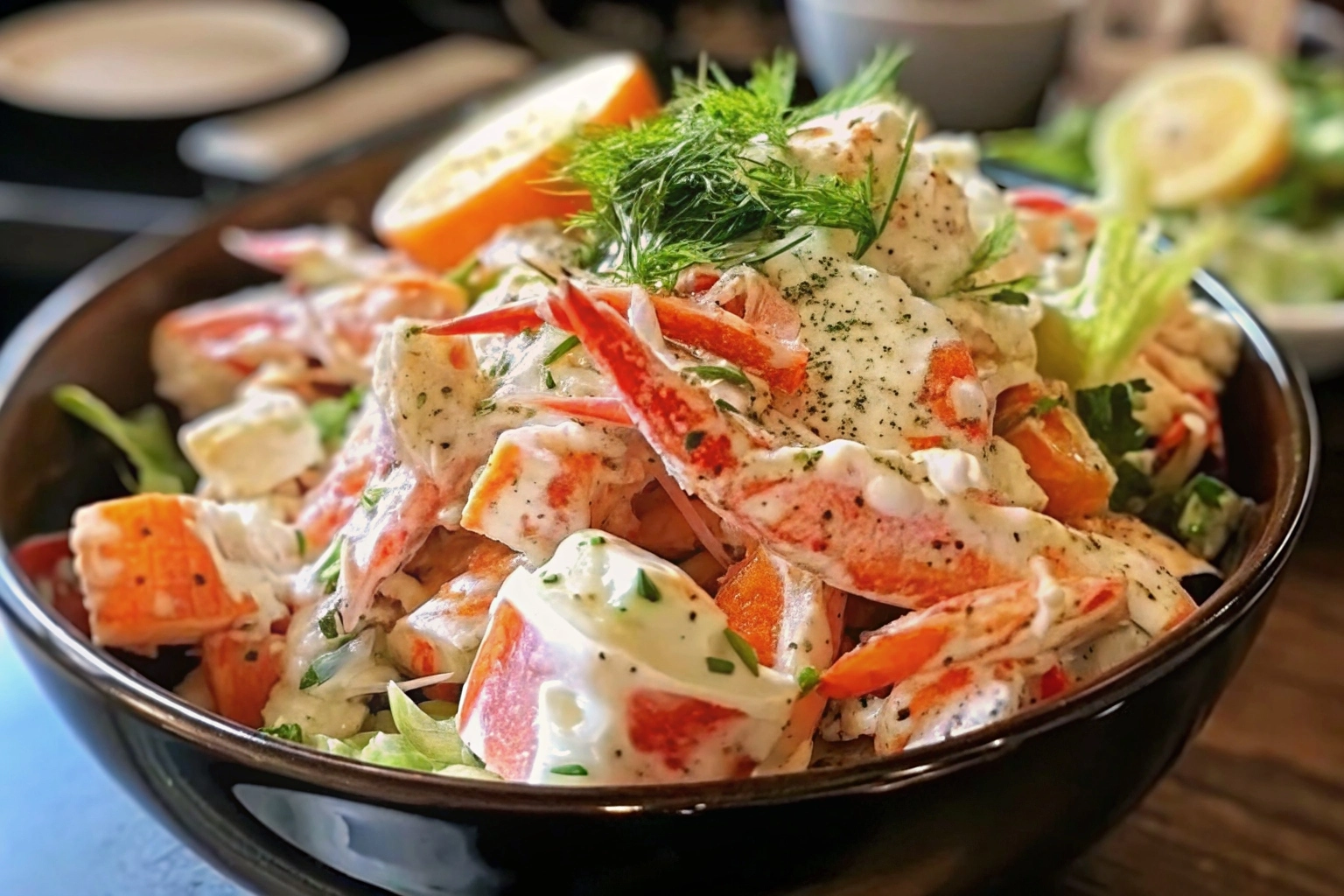 A vibrant, artfully plated crab seafood salad