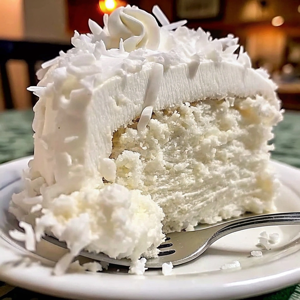 Slice of creamy coconut cake topped with toasted coconut flakes