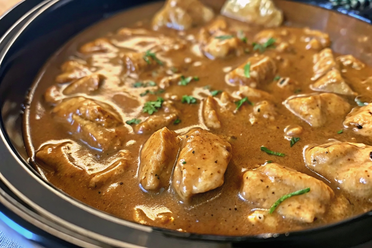 A bowl of creamy crockpot chicken and gravy garnished with fresh herbs crockpot-chicken-and-gravy