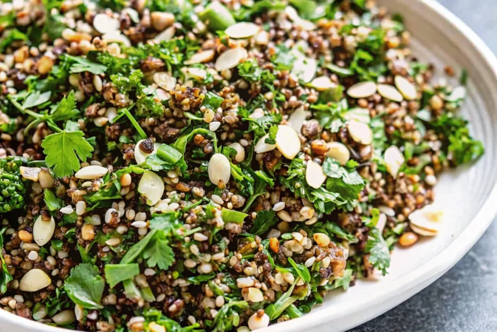 Bowl of Cypriot Grain Salad with freekeh, herbs, nuts, and pomegranate seeds
